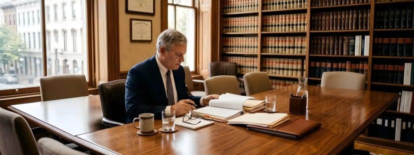 Attorney reviewing trust documents at a law office conference table with legal reference books