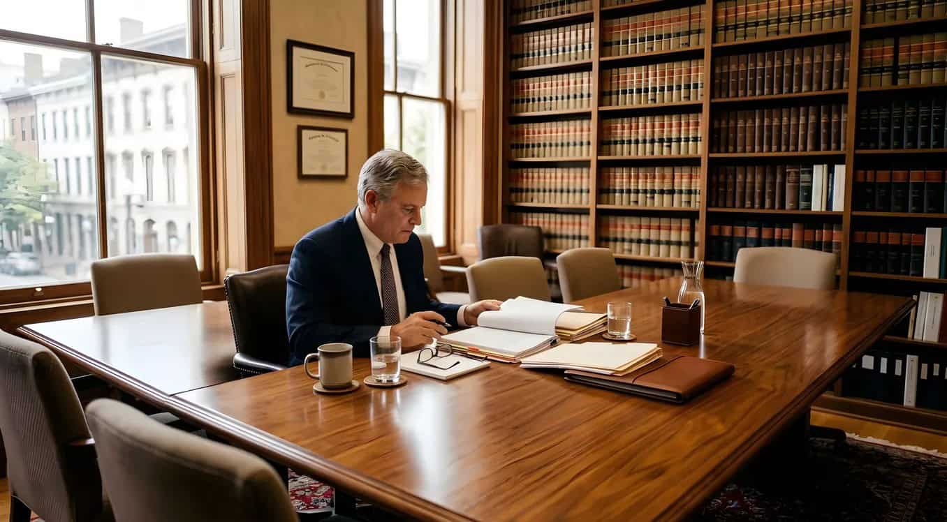 Attorney reviewing trust documents at a law office conference table with legal reference books