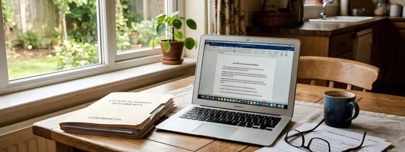 Kitchen table with estate planning documents, laptop, reading glasses, and coffee mug in natural daylight