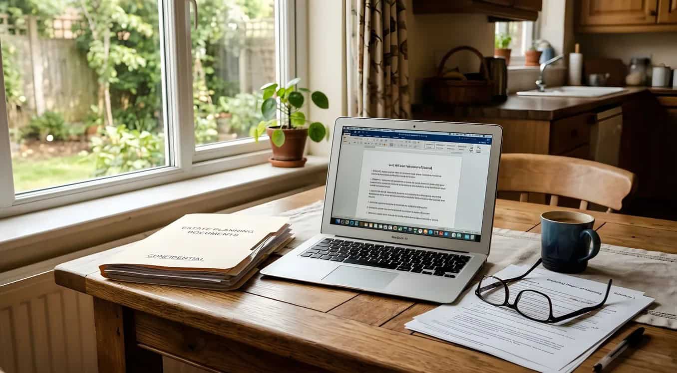 Kitchen table with estate planning documents, laptop, reading glasses, and coffee mug in natural daylight