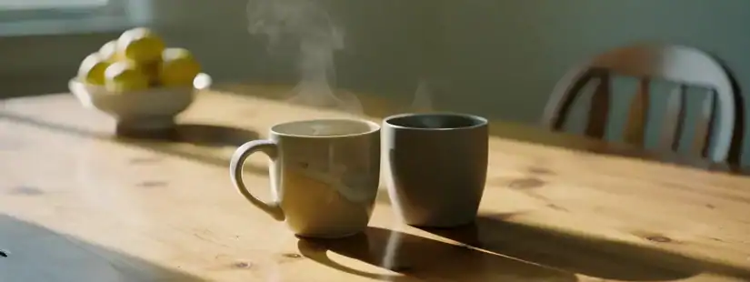 Two coffee mugs on a wooden kitchen table in morning light, with a bowl of lemons and an empty chair