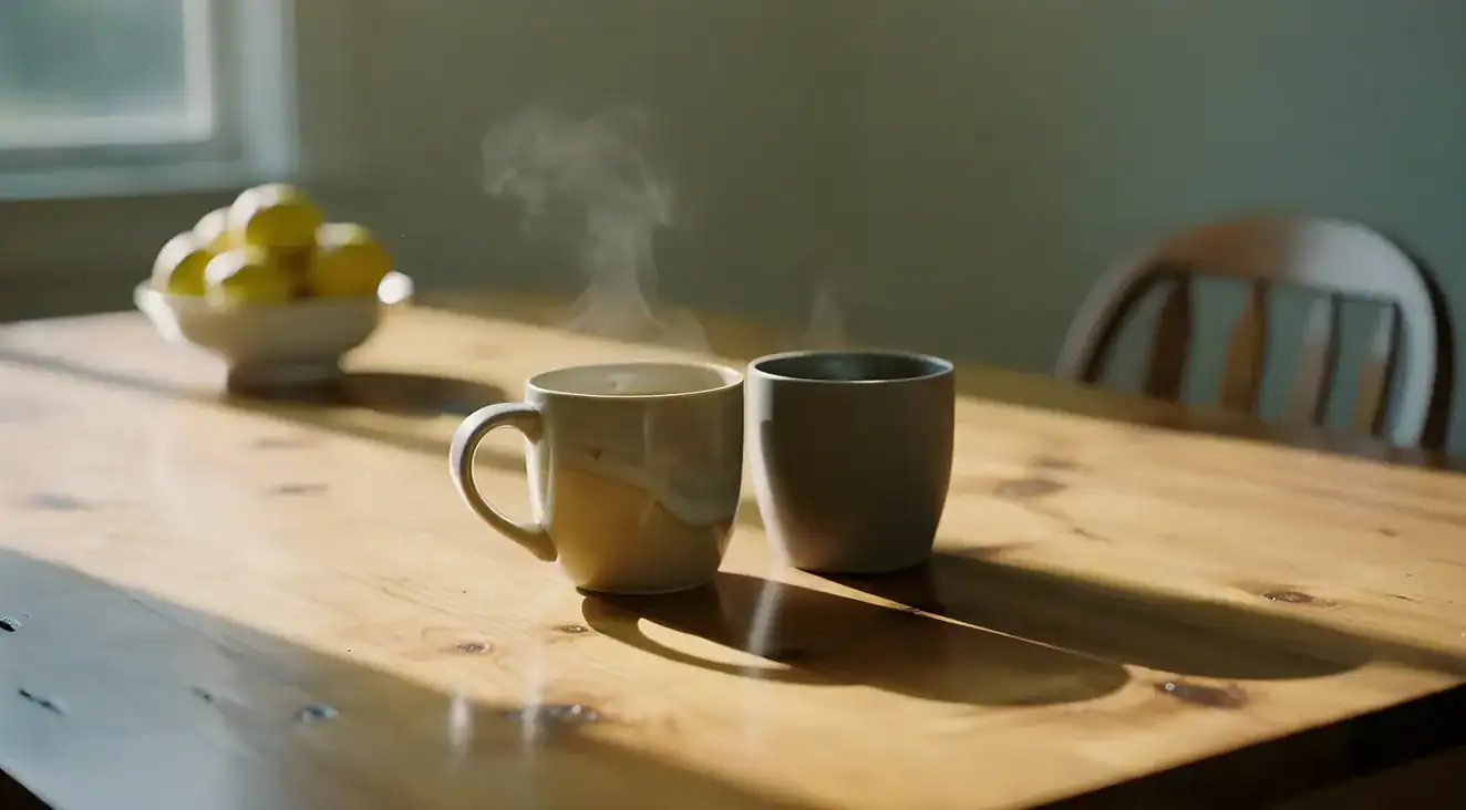 Two coffee mugs on a wooden kitchen table in morning light, with a bowl of lemons and an empty chair