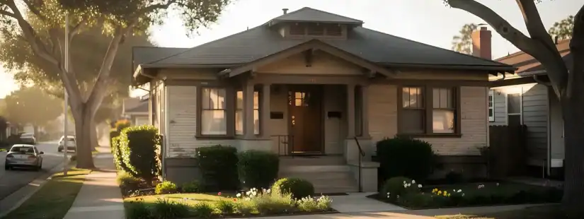 A Craftsman bungalow on a tree-lined residential street in Alameda, California, in late afternoon light