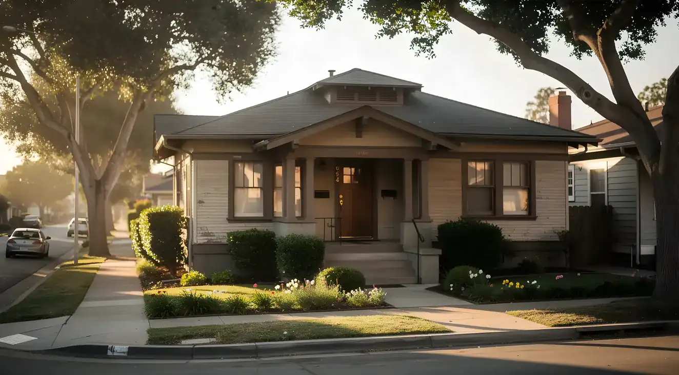 A Craftsman bungalow on a tree-lined residential street in Alameda, California, in late afternoon light